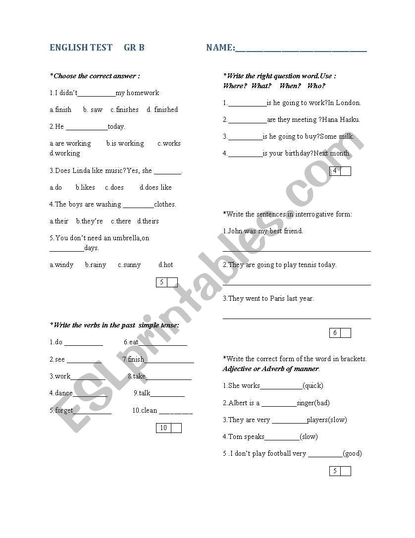 test worksheet