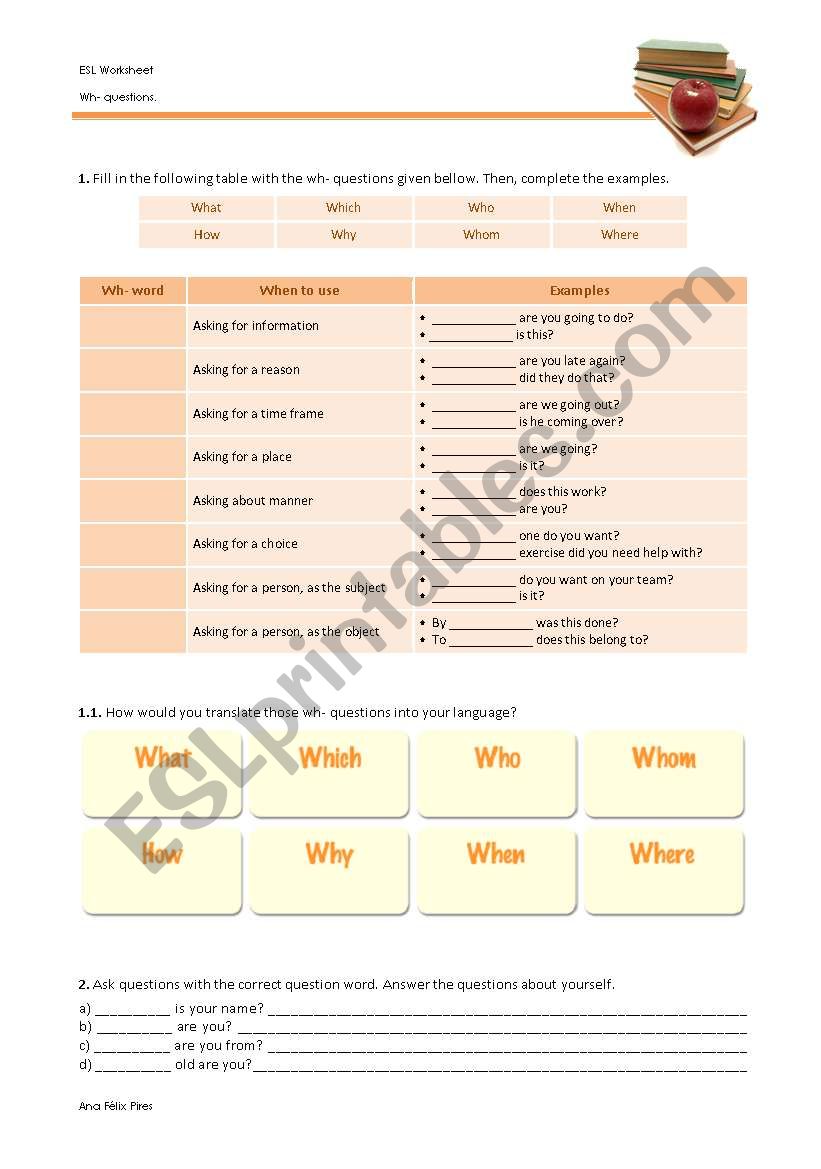 Wh- words and wh- questions worksheet