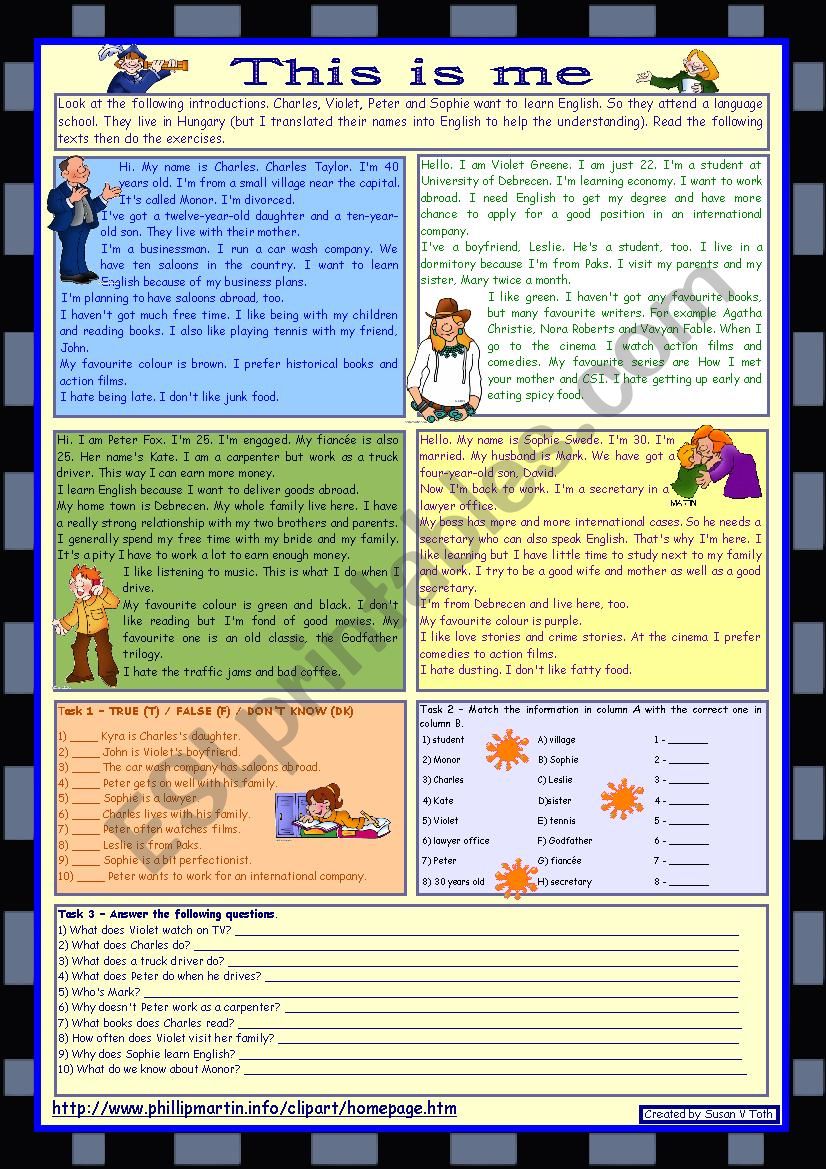 This is me Part 1 *** Reading comprehension for adults  *** elementary level  *** with key  *** fully editable