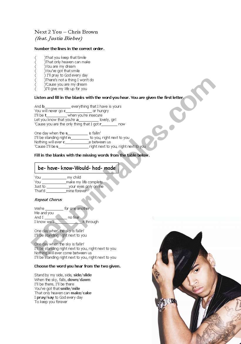 Next 2 You Chris Brown Ft Justin Bieber Esl Worksheet By Mimica Chan