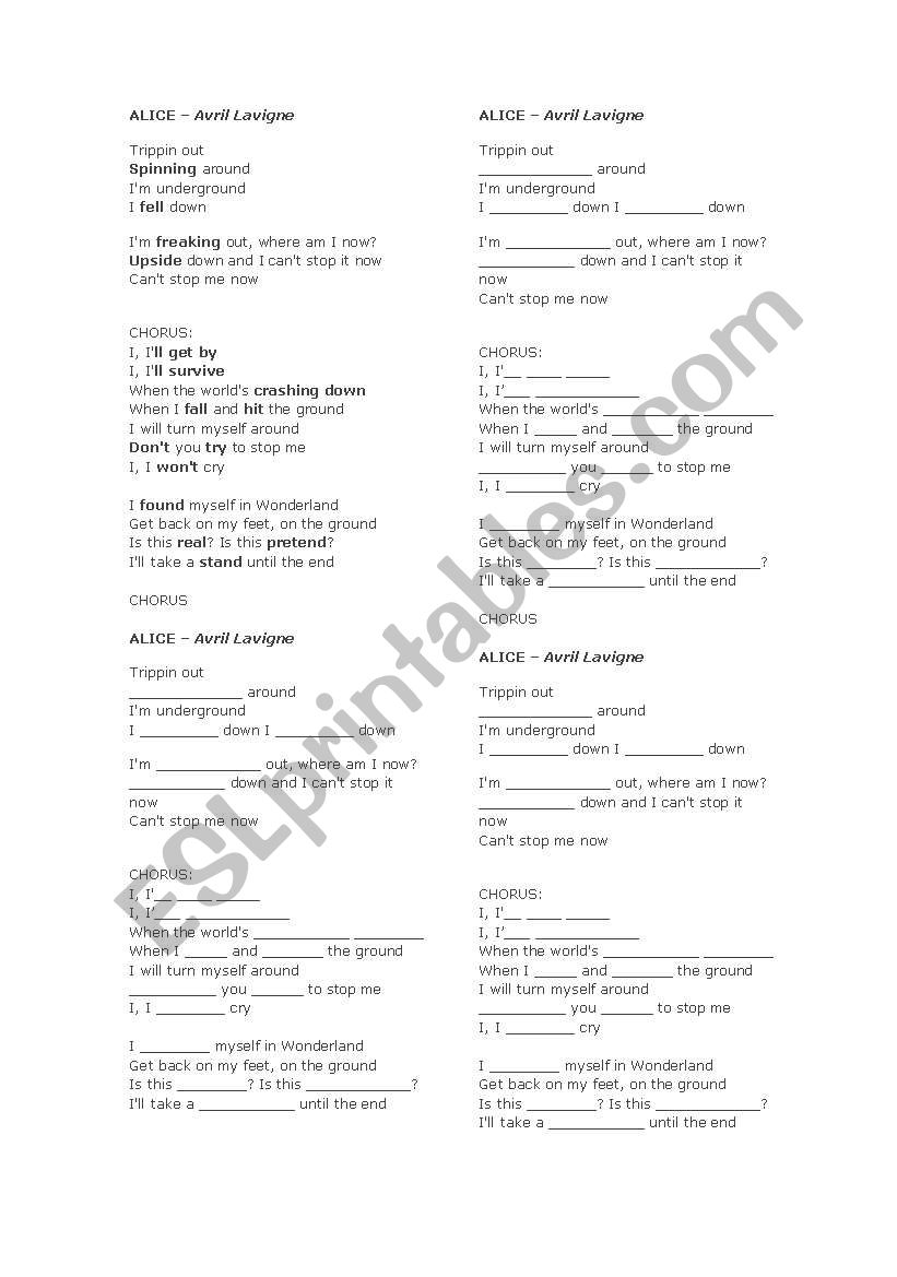 Avril Lavigne song worksheet