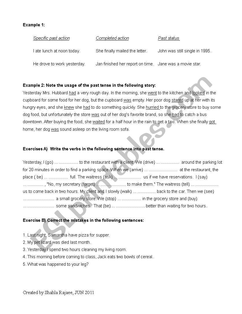 Simple Past Tense, Exercise worksheet