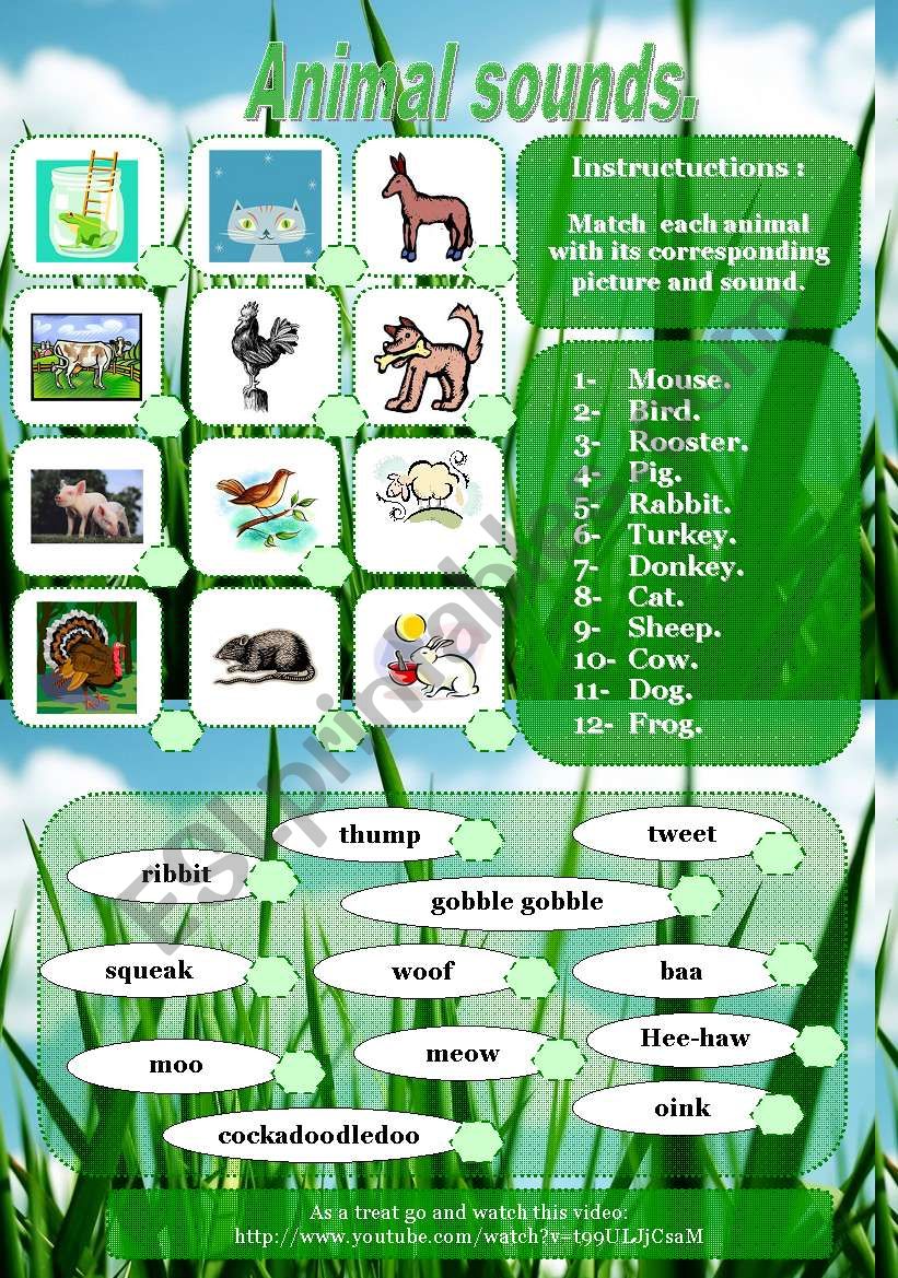 Animal sounds in English matching : 2 activities. - ESL worksheet by pascy