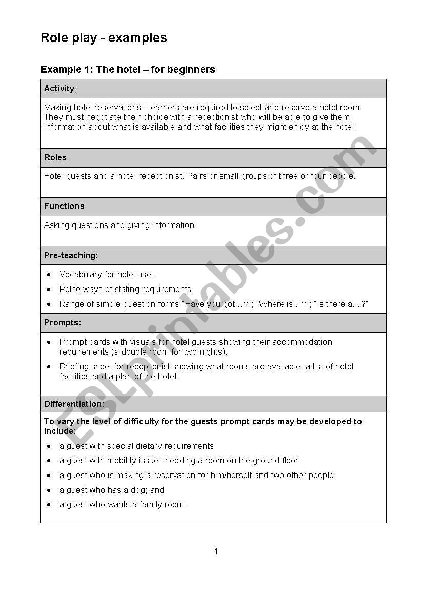 ideas roleplay hotel worksheet