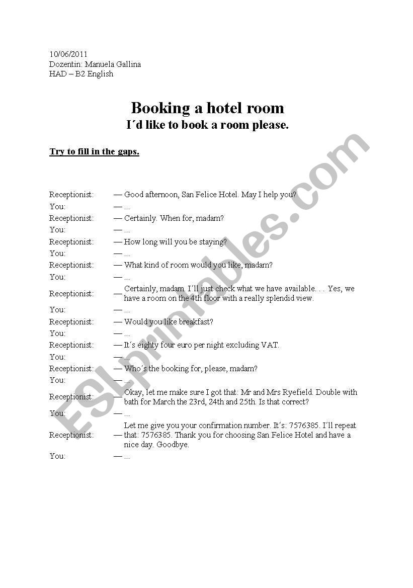 Hotel reservation worksheet