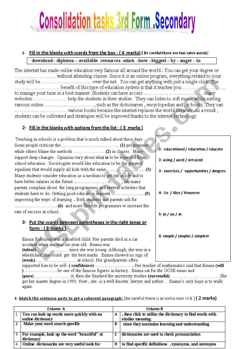 Consolidation tasks  3rd Form secondary