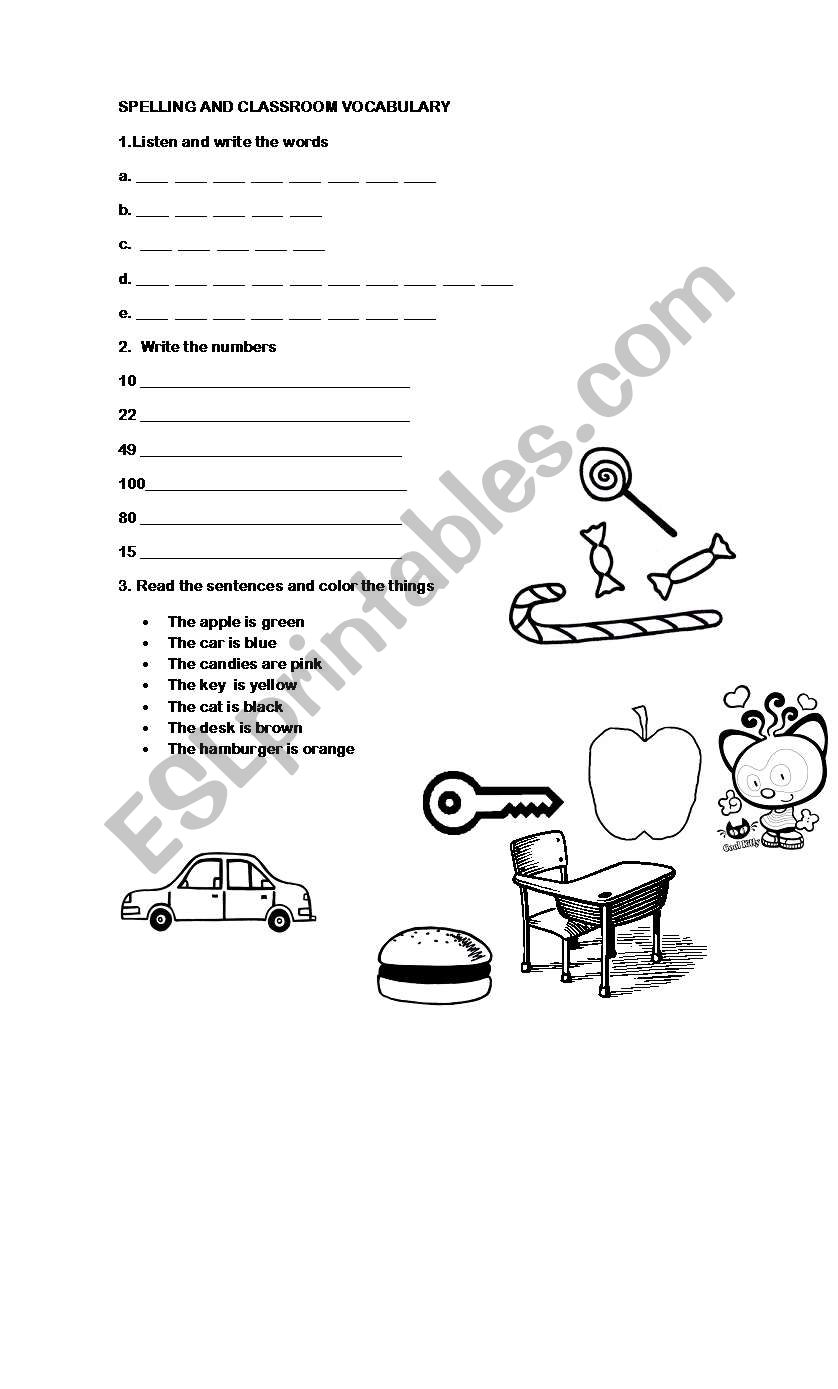 Spelling and classroom vocabulary quiz