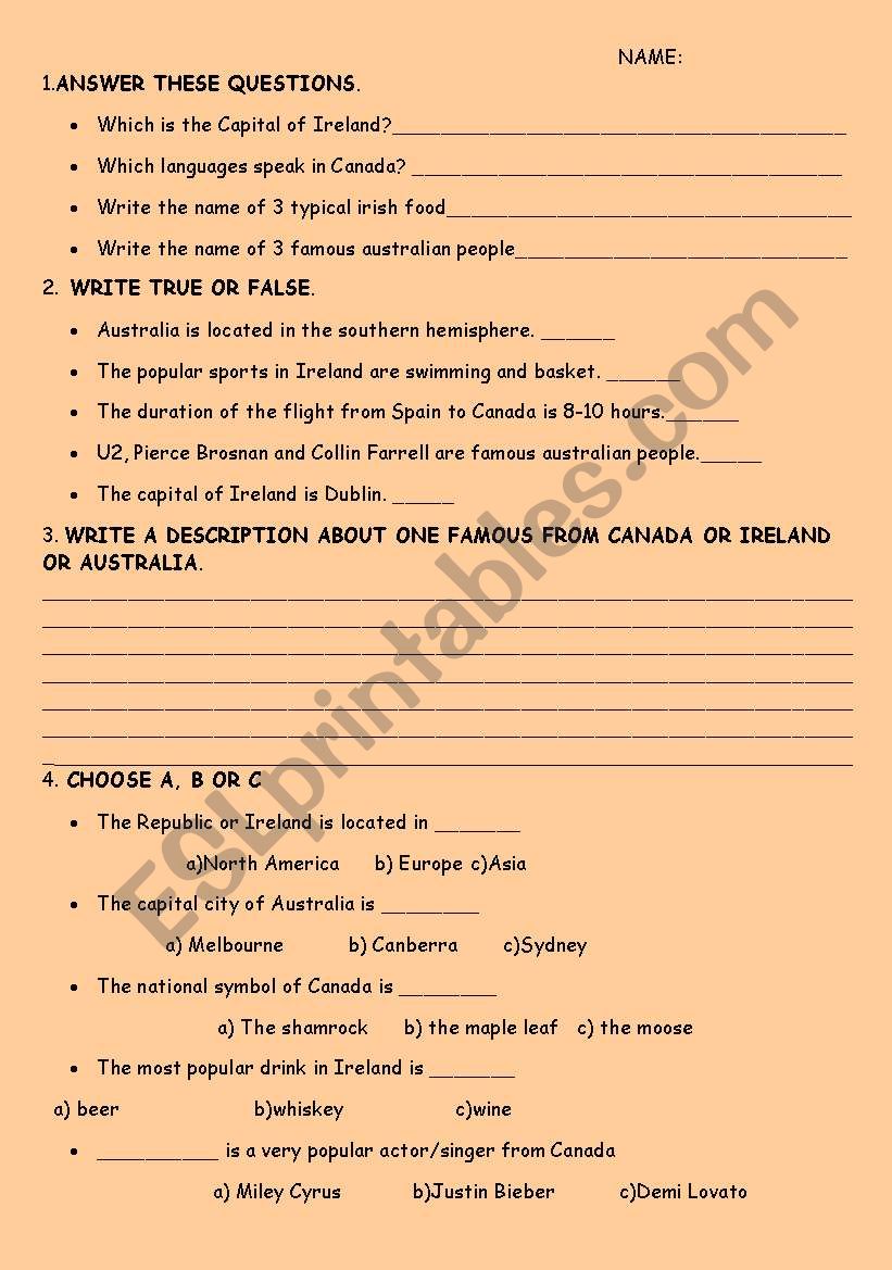 Country exam worksheet