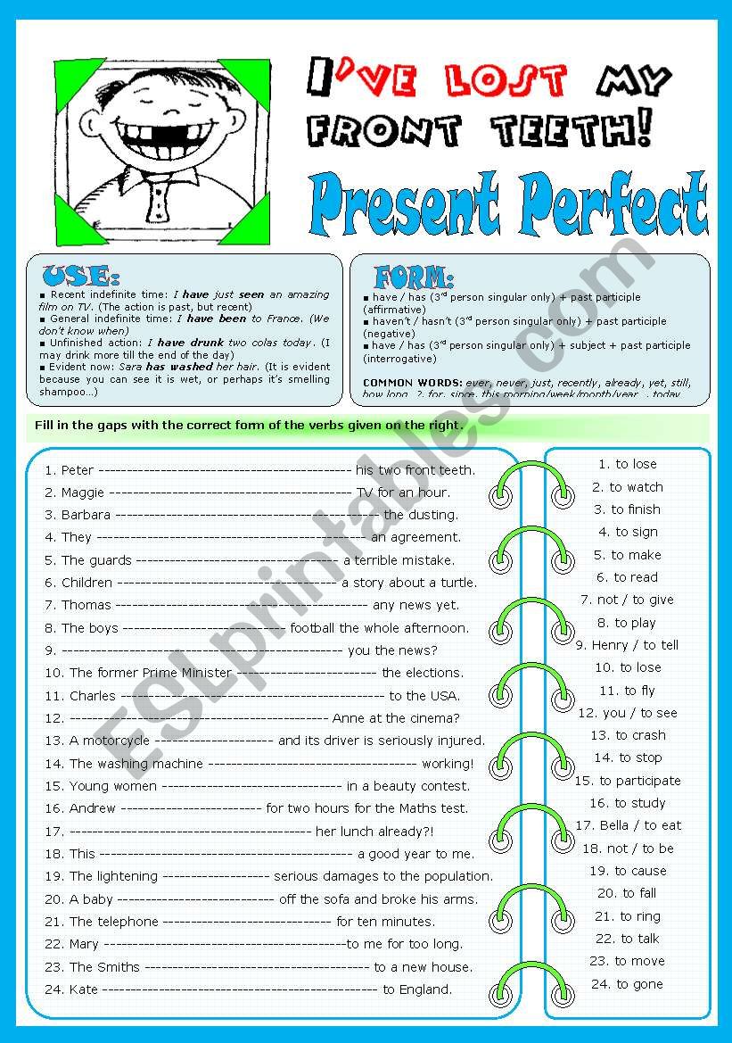 Ive lost my front teeth - Present Perfect (all forms)