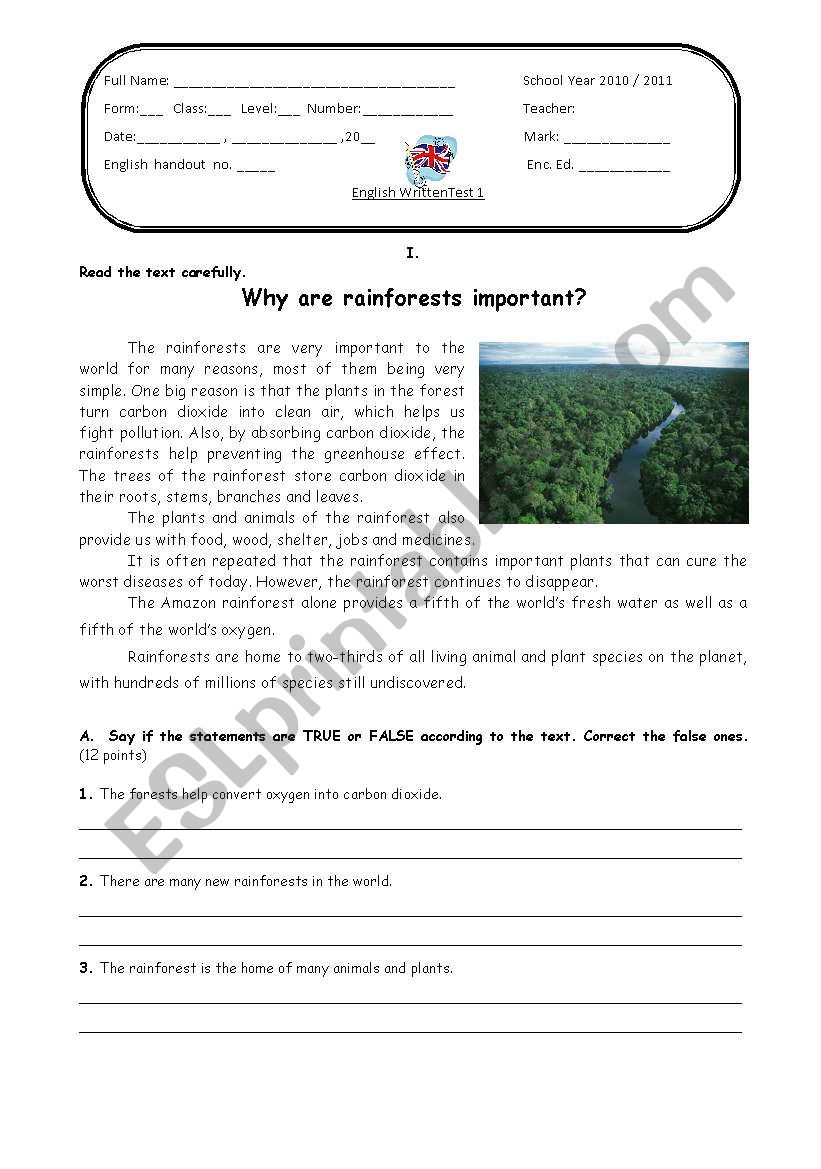 test on environment worksheet