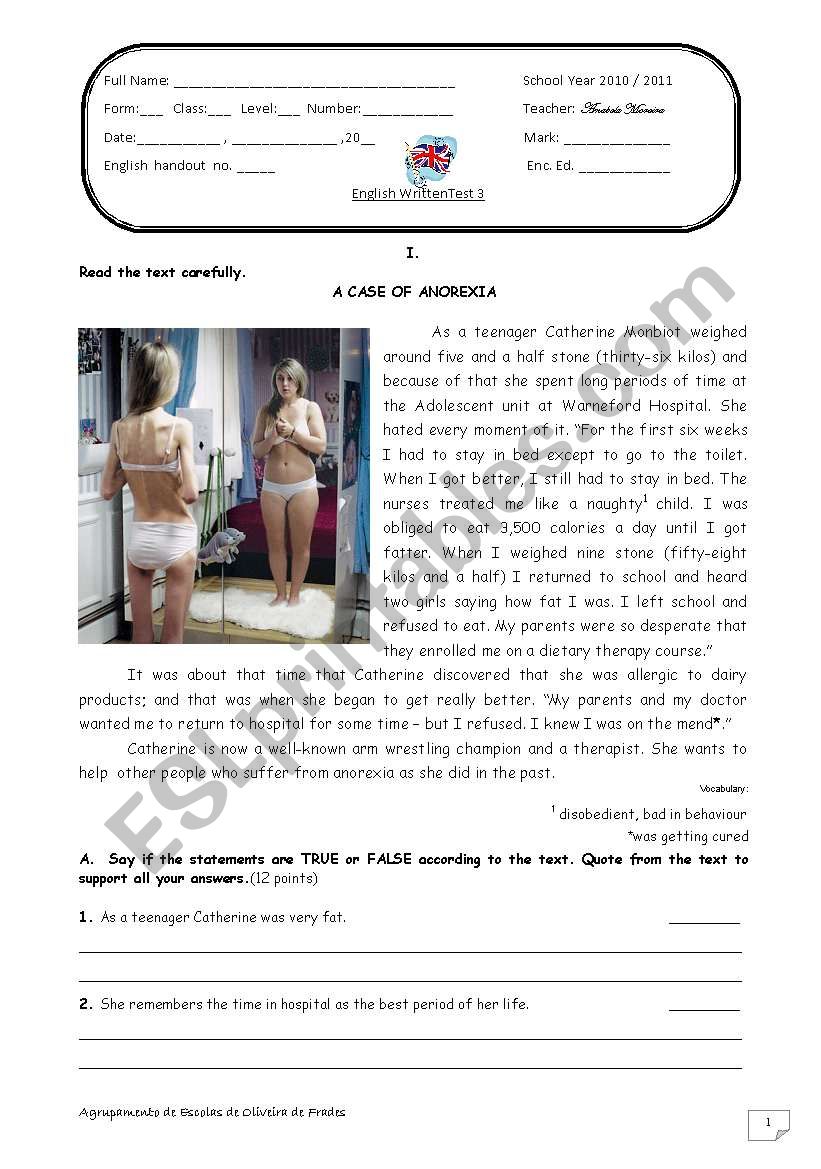 test on anorexia worksheet