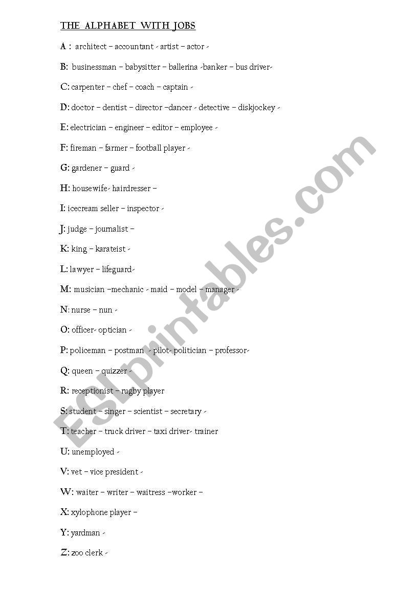 The alphabet with jobs worksheet