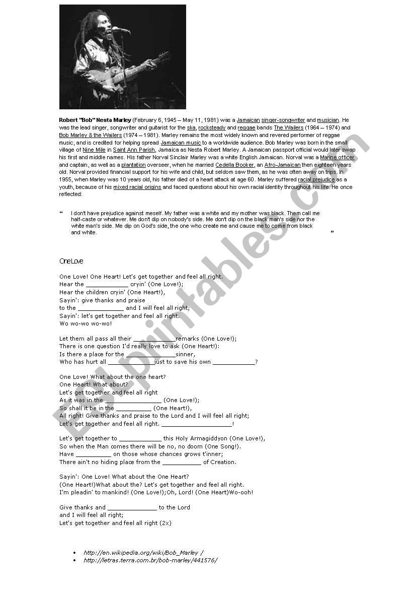 Bob Marley Class worksheet