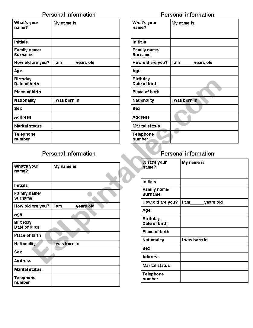 Personal information worksheet