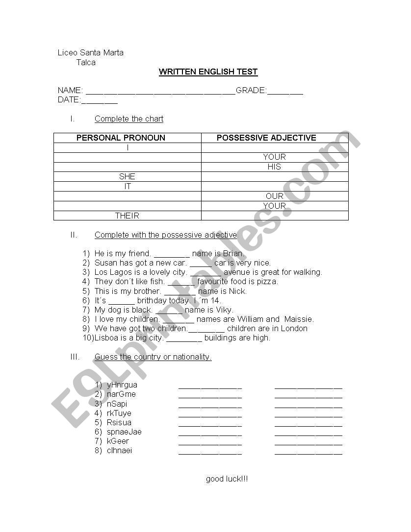 possessive adjectives test worksheet