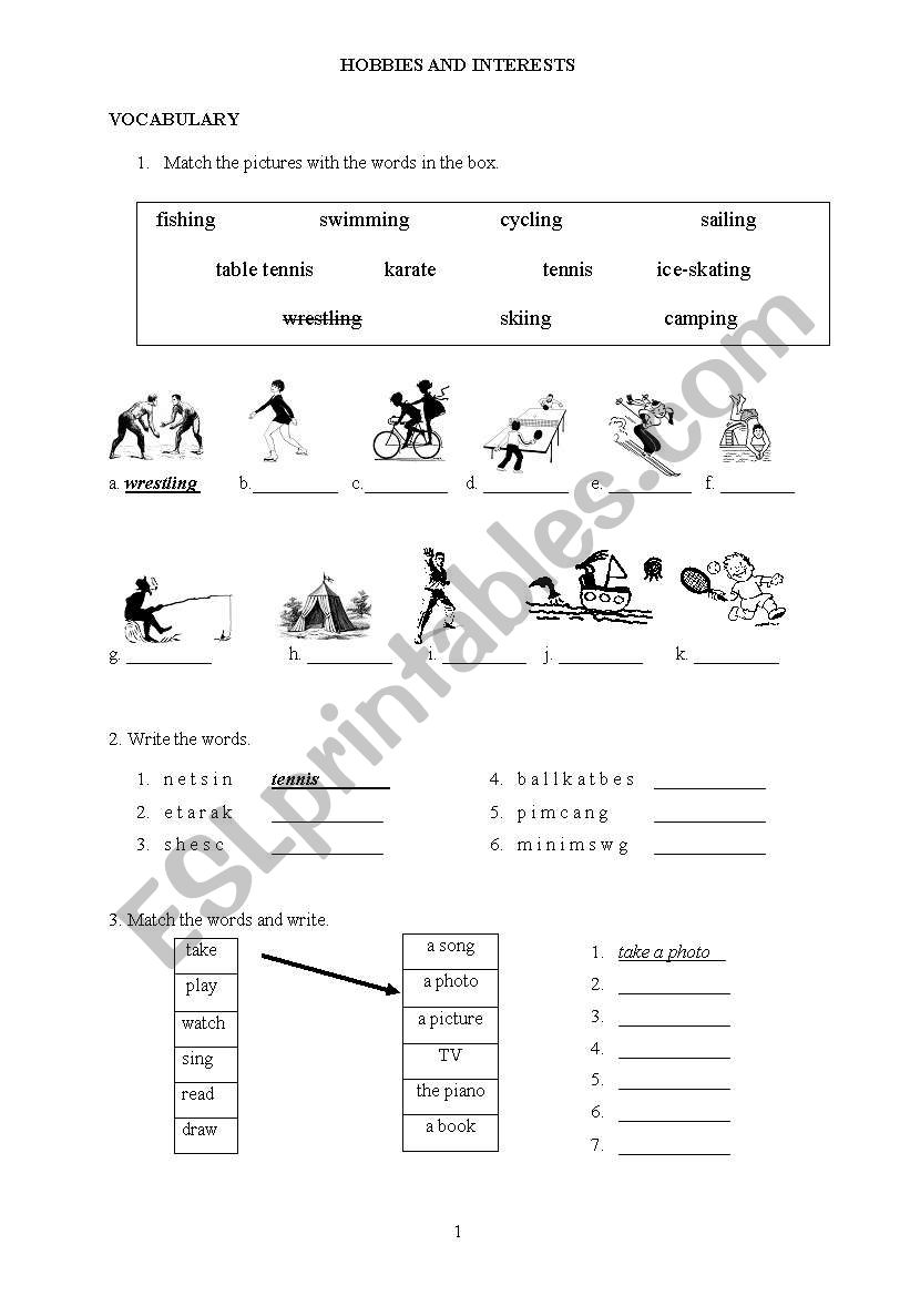 HOBBIES AND INTERESTS worksheet