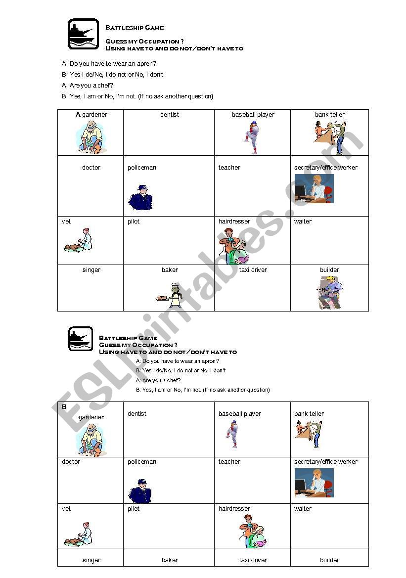 Battleship Game- Occupations using have to and doesnt have to