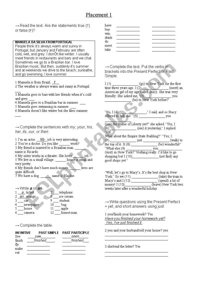 Placement test worksheet