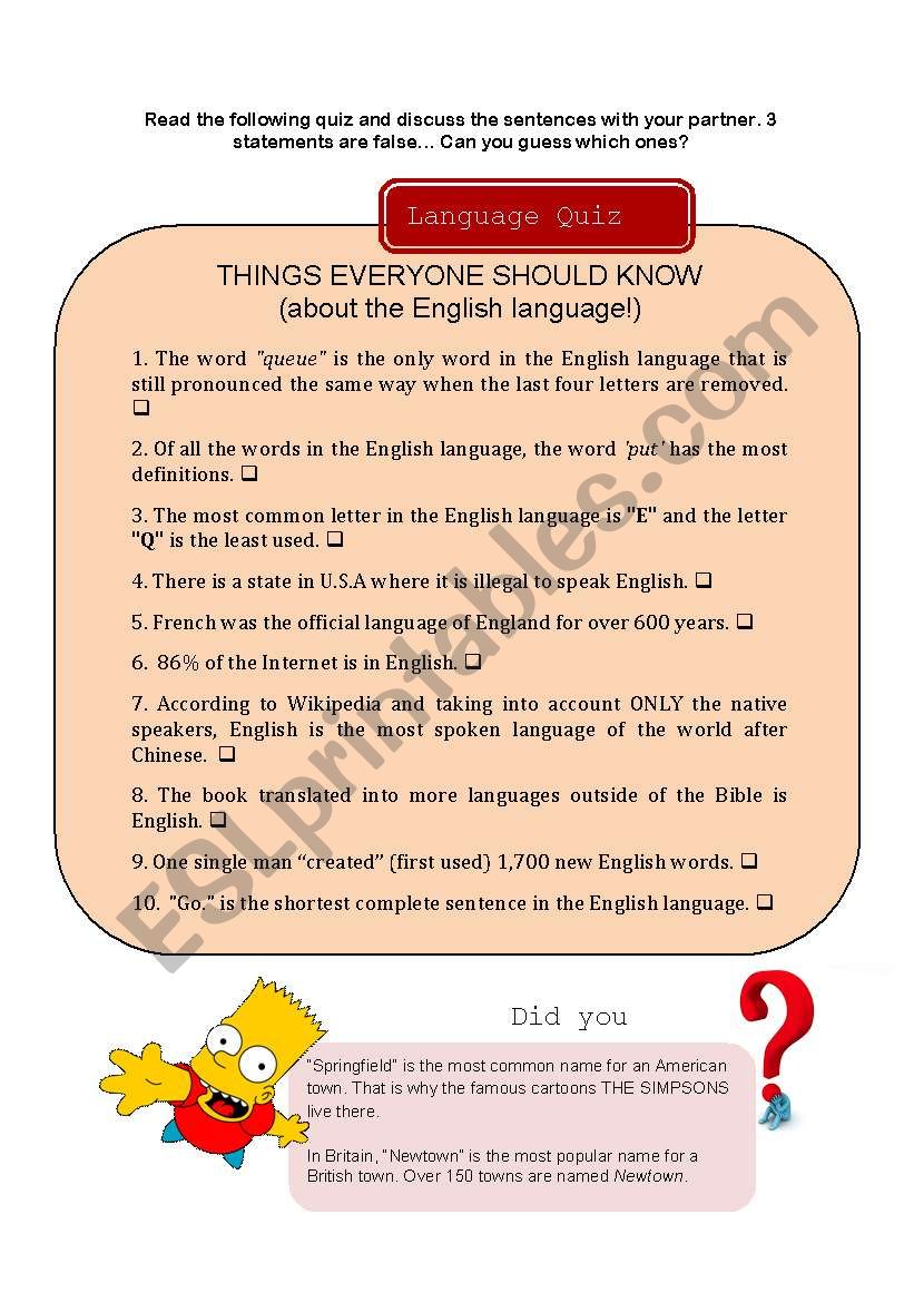 Language quiz worksheet