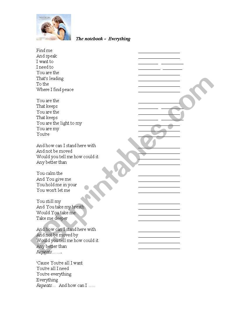 The Notebook song Everything worksheet