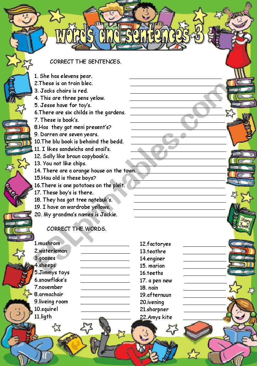 Words and sentences 3 worksheet
