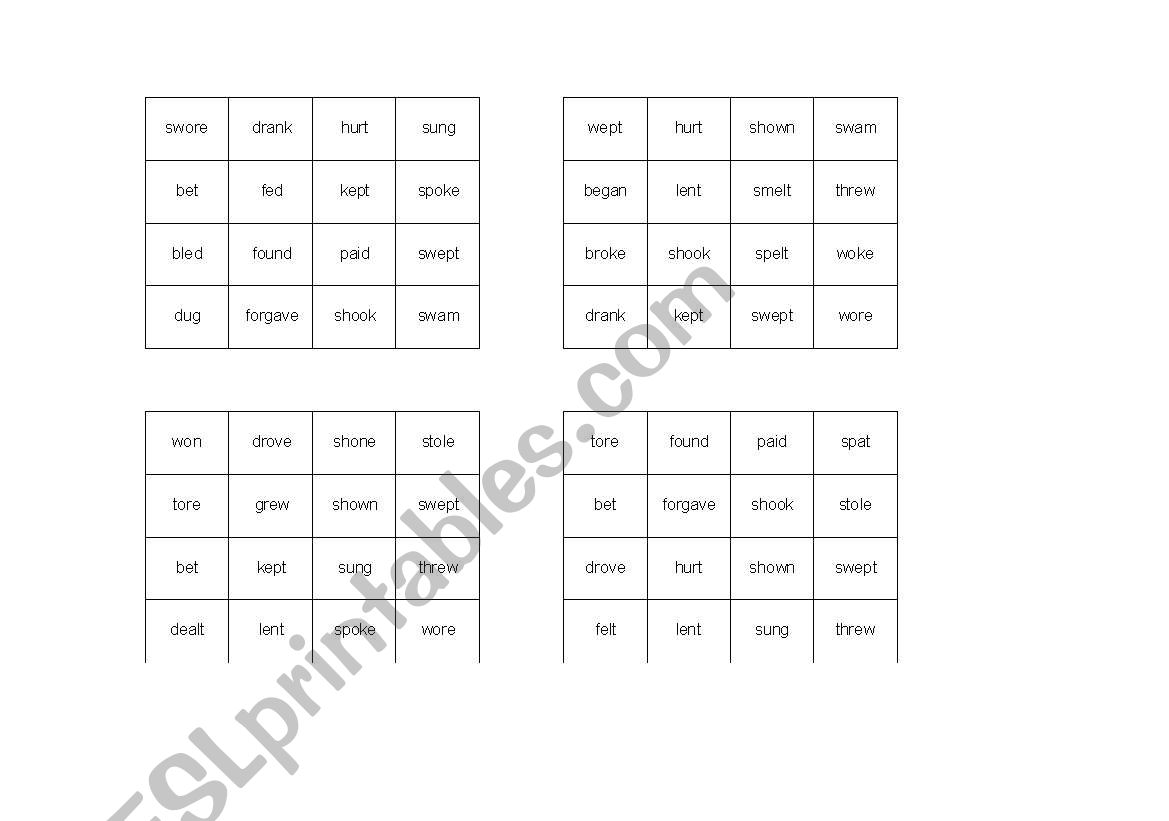 Irregular verbs BINGO worksheet