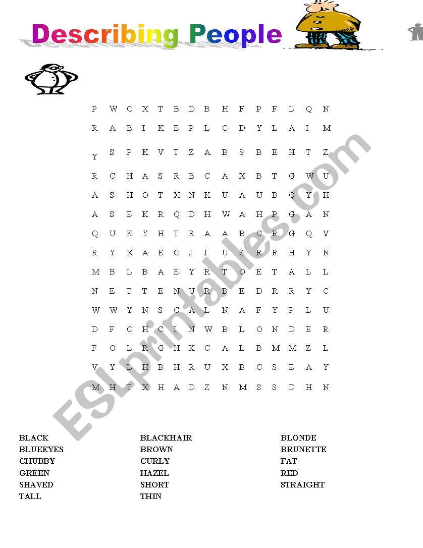 Describing people wordfind worksheet