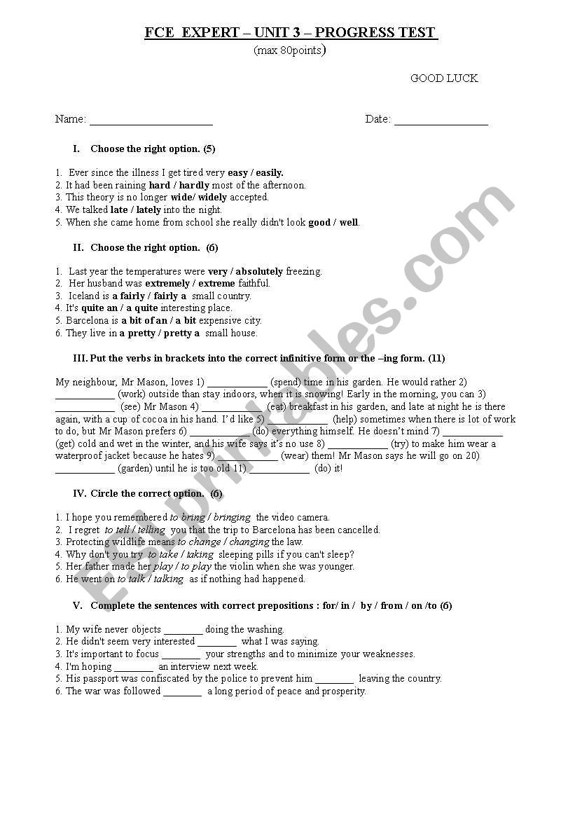 FCE EXpert Unit 3 progress test with key