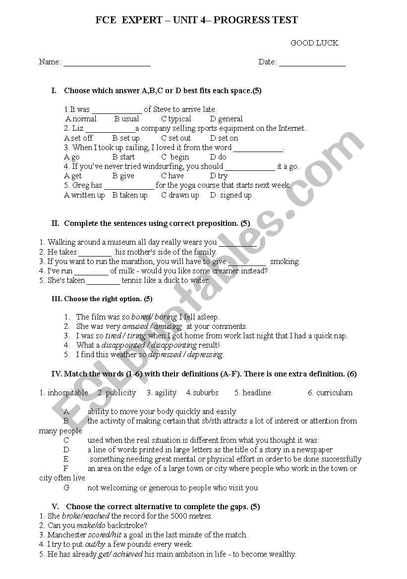 FCE EXpert Unit 4 progress test with key