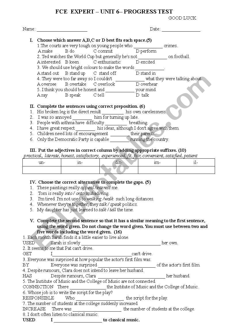 FCE EXpert Unit 6 progress test with key