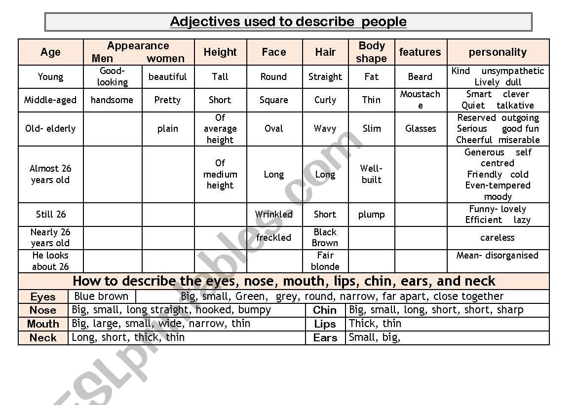 Adjectives descibing ppl worksheet