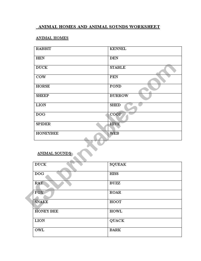 WORKSHEET ON ANIMAL HOMES AND SOUNDS