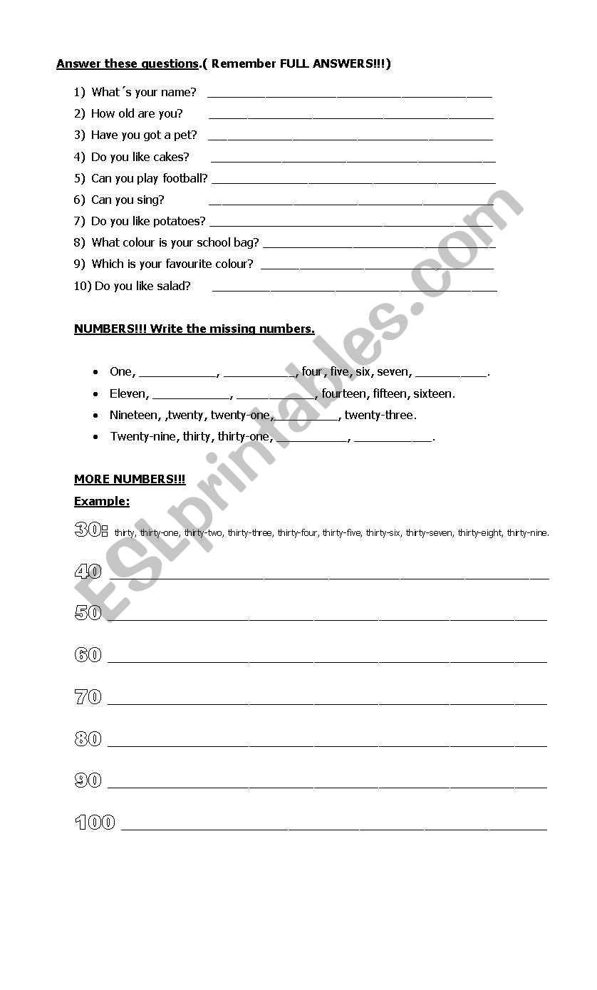 numbers worksheet