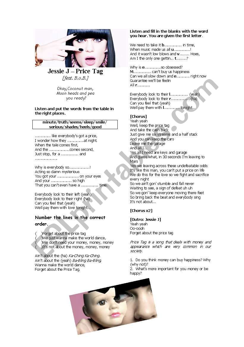 Price Tag- Jessie J worksheet