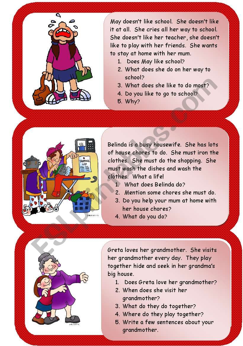 Mini comprehensions worksheet