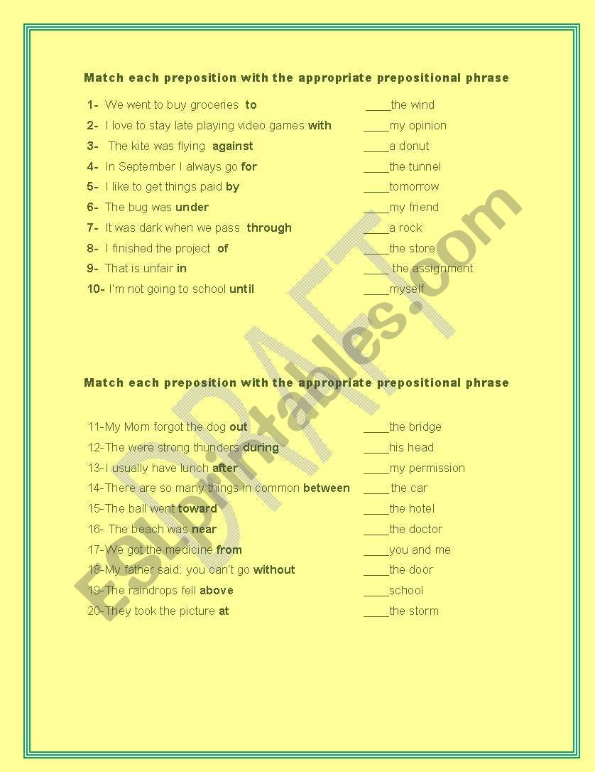 Prepositions match worksheet