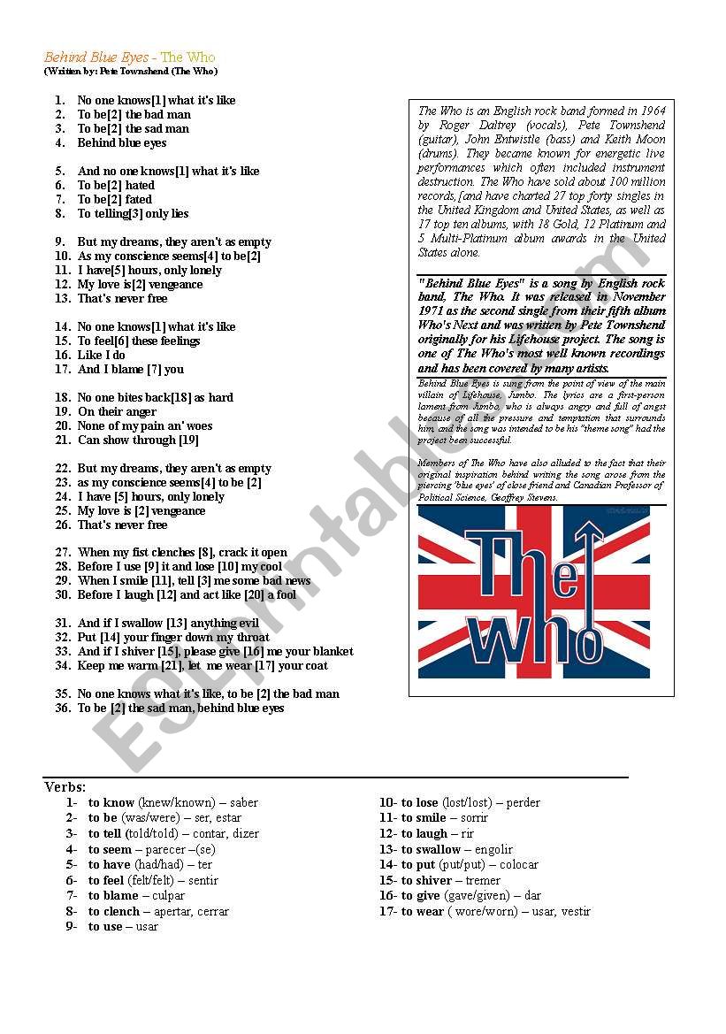 Behind Blue Eyes - The who worksheet