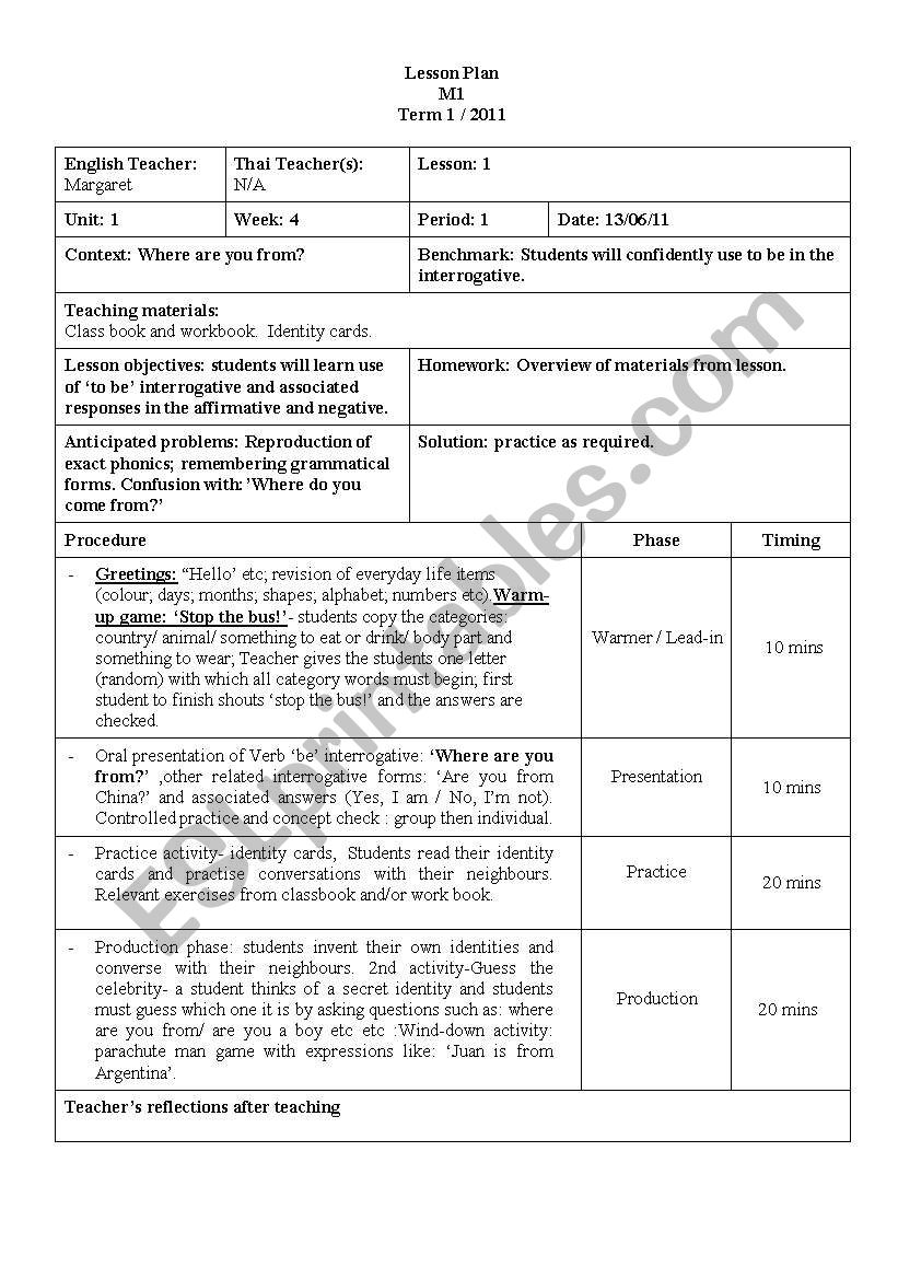 Lesson Plan for My World worksheet