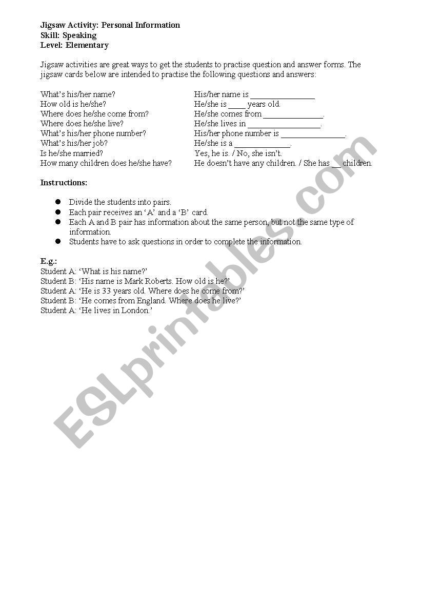 Personal Information: questions and answers activity