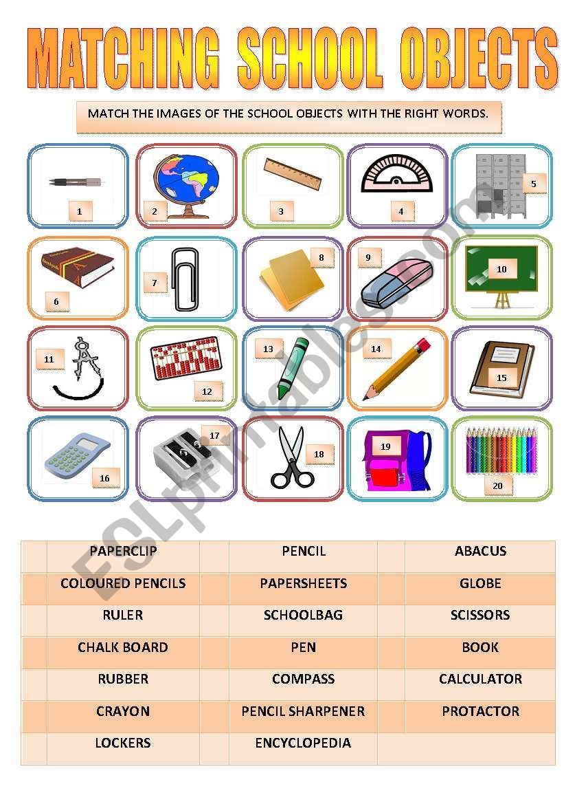 MATCHING SCHOOL OBJECTS worksheet