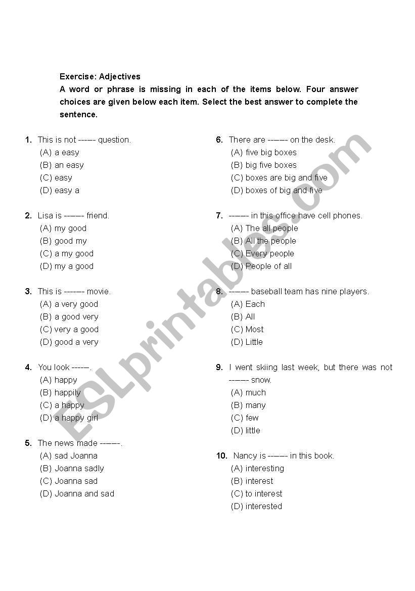 Adjectives worksheet
