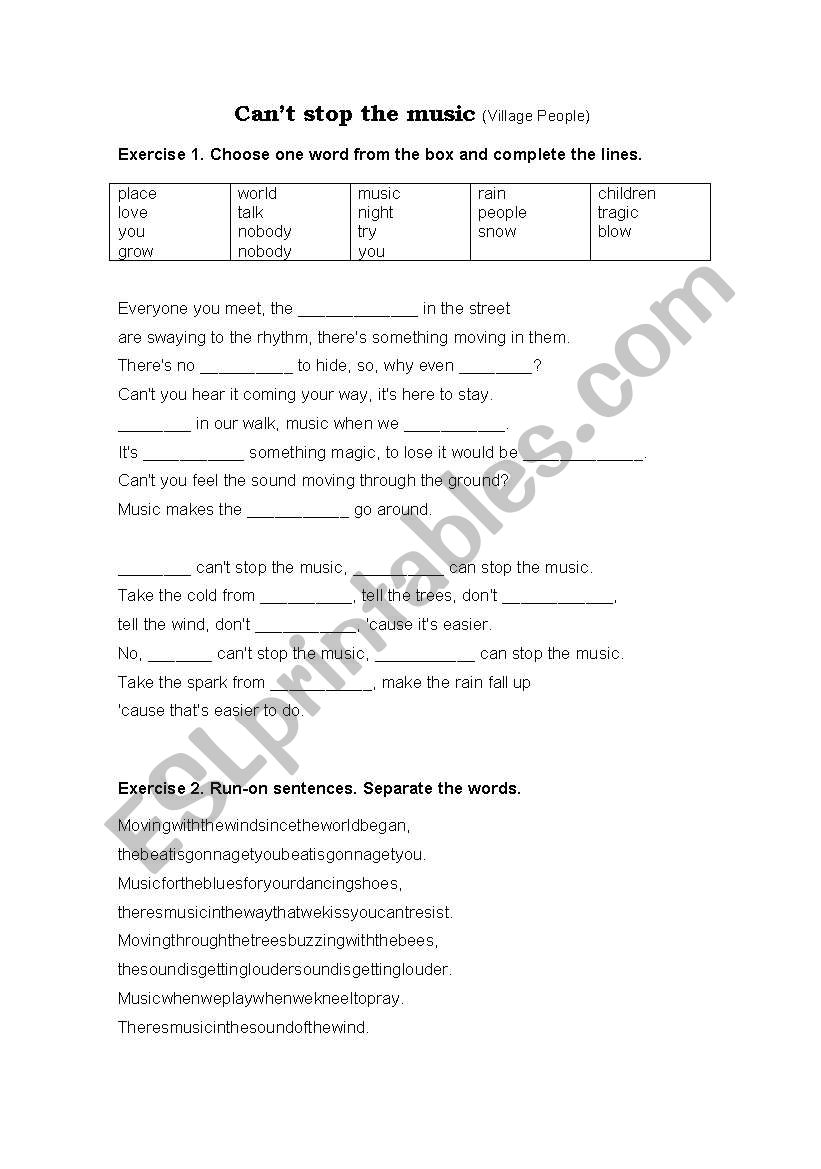 Cant stop the music worksheet