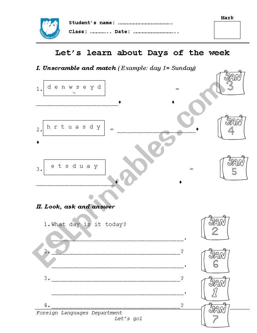 day of week worksheet