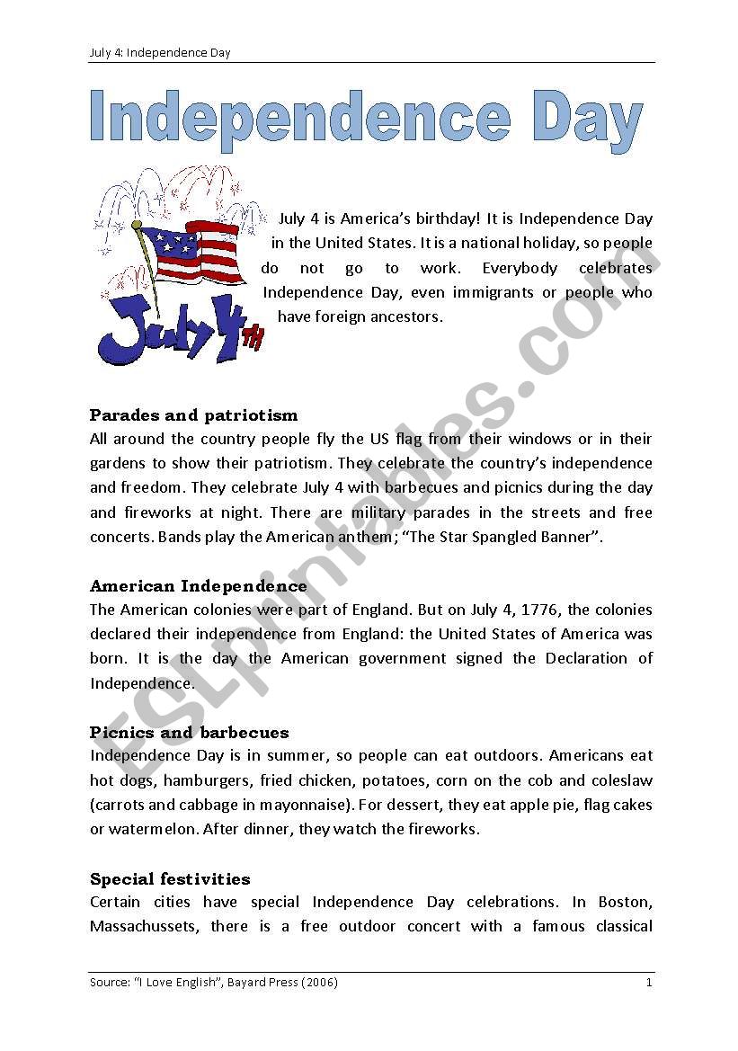 July 4, Independence Day worksheet