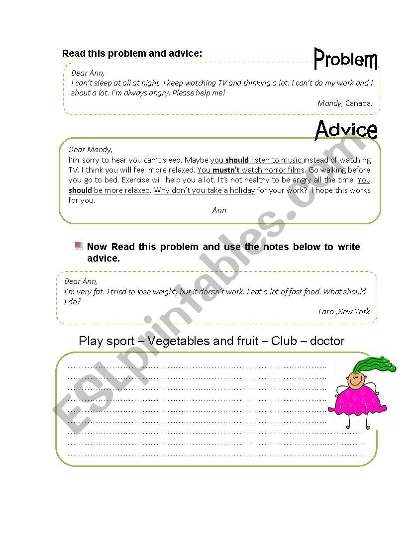 guided writing to give advice worksheet