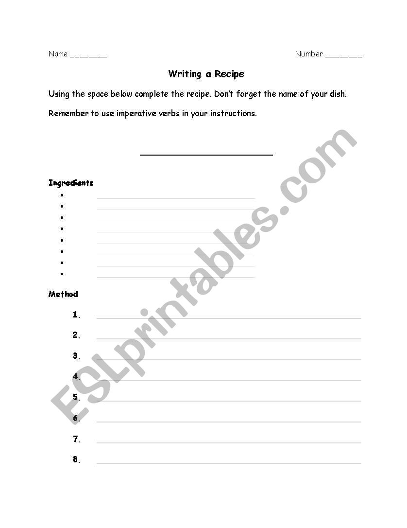 Writing a recipe worksheet