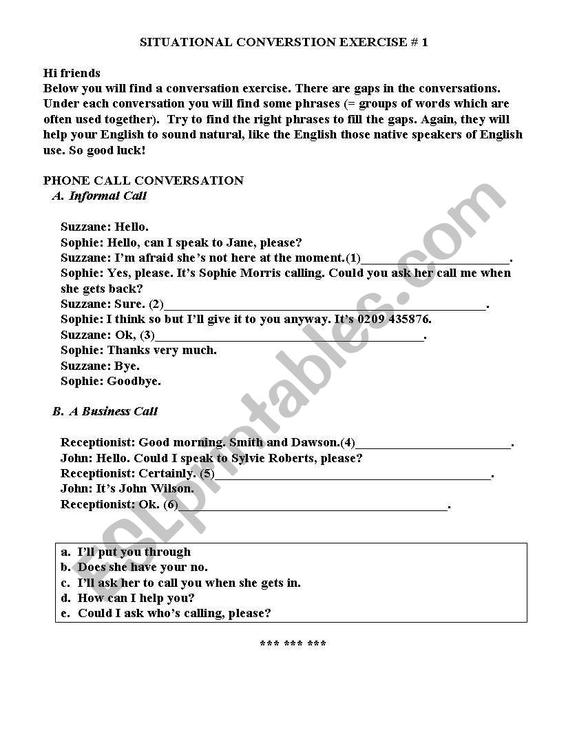 English conversation exercise worksheet