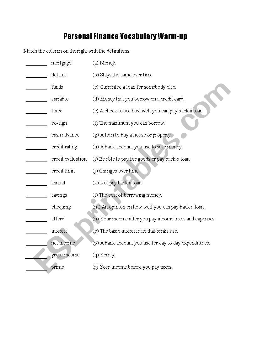 Finance Vocabulary worksheet