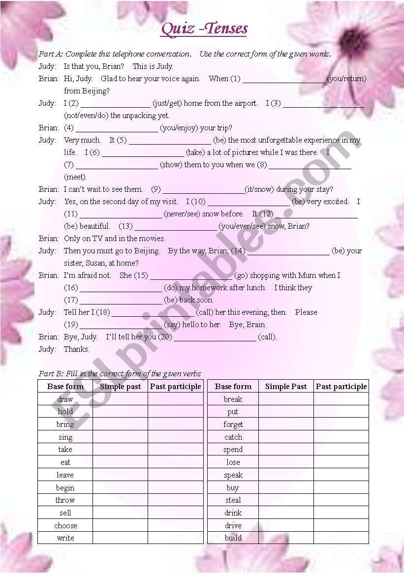 Quiz on tenses (answer keys provided)