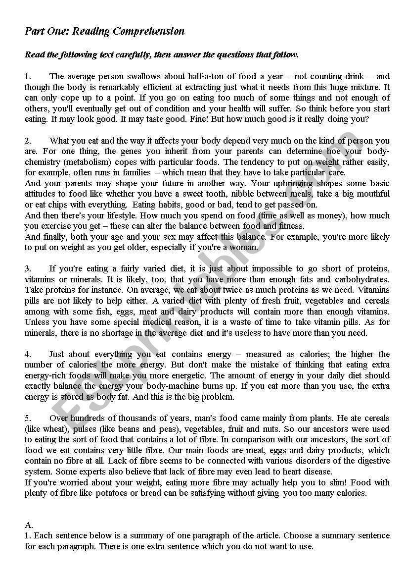 Food and Metabolism worksheet